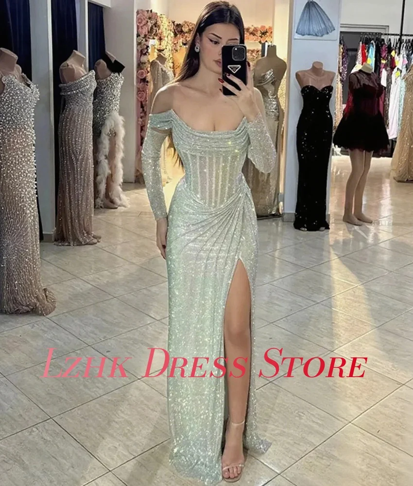 Personalizado de luxo lantejoulas cristal fora do ombro manga destacável a linha vestido de noite sexy sem alças vestidos de ocasião sob medida