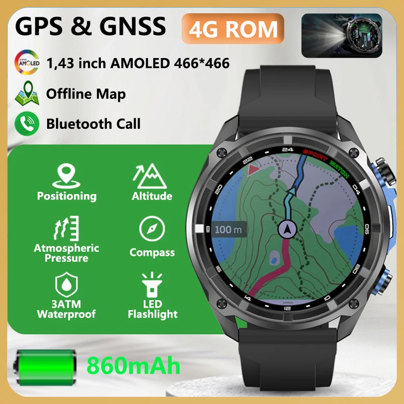 

1.43″ AMOLED Smart Watch Built-in GPS Compass Altimeter Barometer Flashlight Support 4GB-ROM 3ATM Bluetooth Call Smartwatch