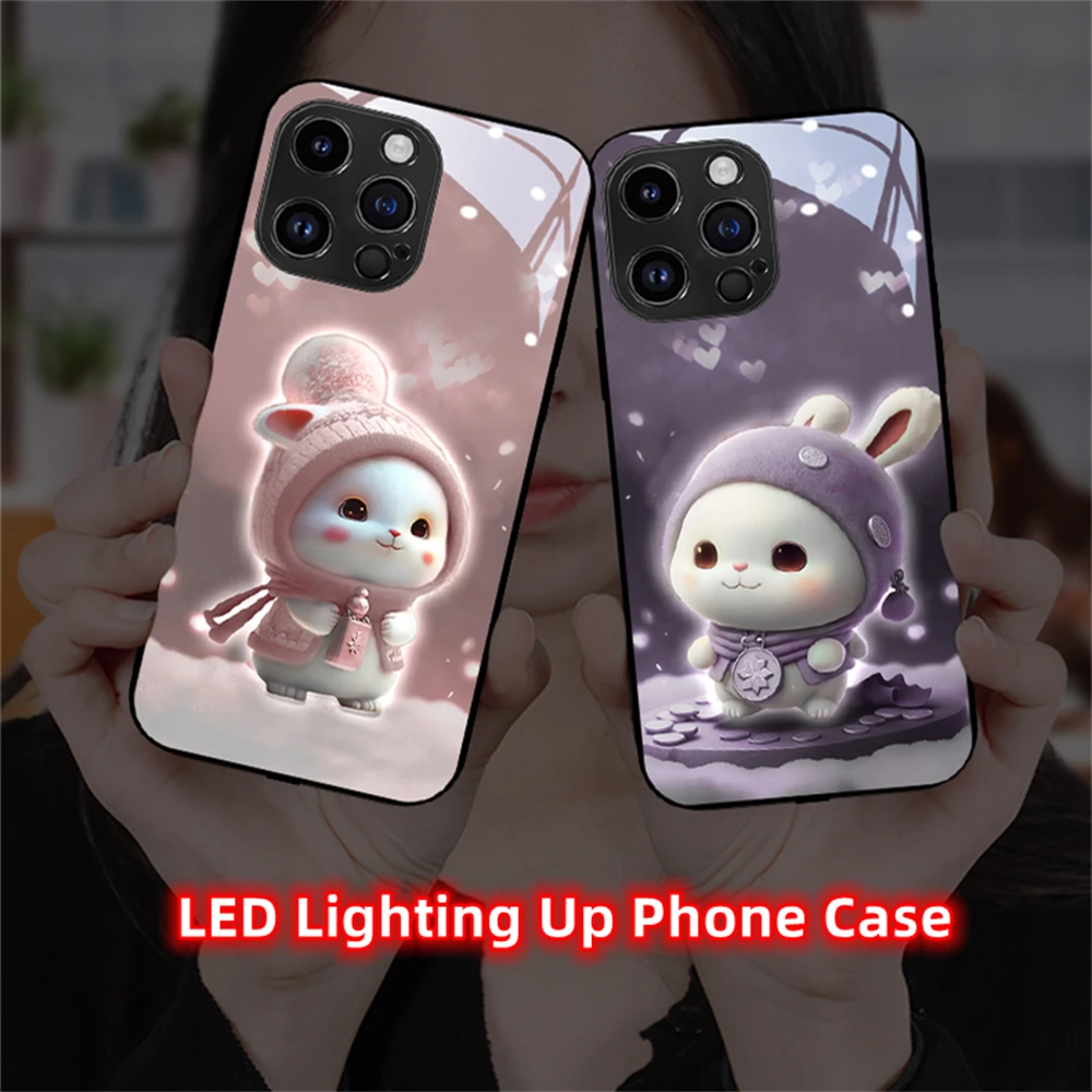 

Lovely Winter Rabbit LED Light Glow Luminous Phone Case For iPhone 15 14 13 12 11 Pro Max XR XS Plus SE Voice Controlled Shells