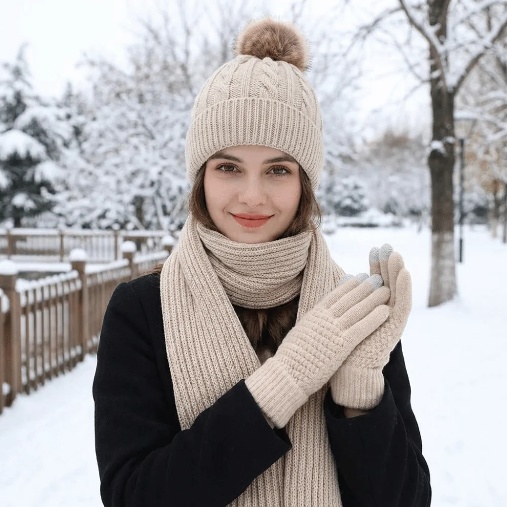 3Pcs/Set Fashion Cold Proof Scarf Hat Gloves Set Touch Screen Warmer Mittens Pullover Cap Solid Color Soft Knitted Scarf Men