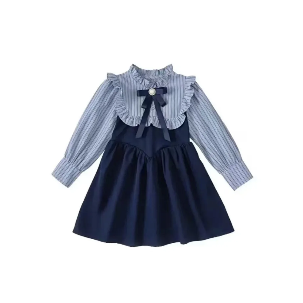 

Fashion Bowknot Girls' College Style Dress Peter Pan Collar Pleated Girls Long Dress Sweet A-line Stripe Princes Dress Party