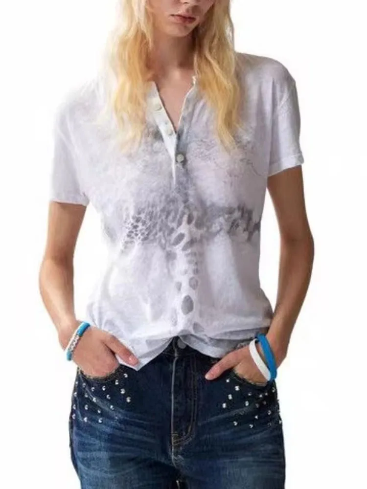Punk Leopard Cross Printed Short Sleeve T-shirt Women Summer Button O-neck Micro Transparent Tops Vintage Harajuku Tees