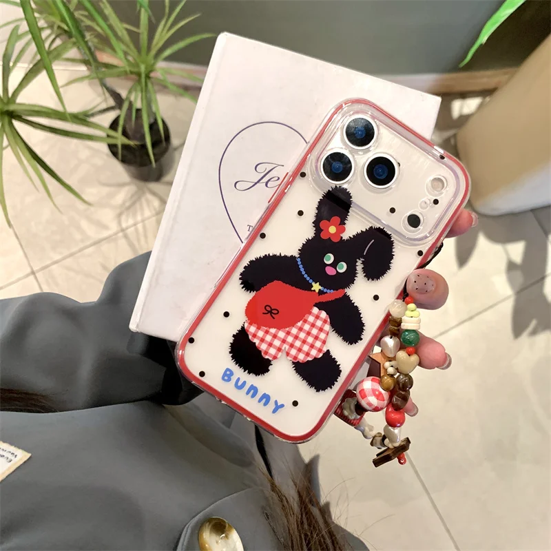 

Korean Cute Black Rabbit Magnetic Phone Case For iPhone 17 Pro 14 15 16 Pro Max Cover with Chain Shockproof Protective Cases