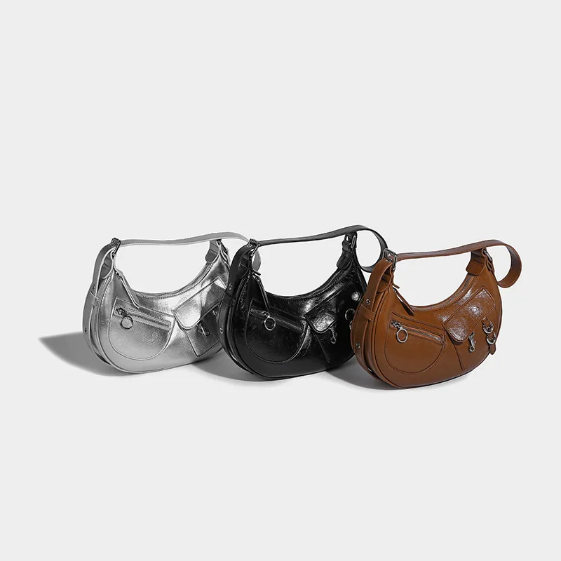 

Autumn New Half Moon Shape Single Shoulder Bags Pure Color Versatile Zipper Underarm Handbags Unique High Sense Cool Casual Bag