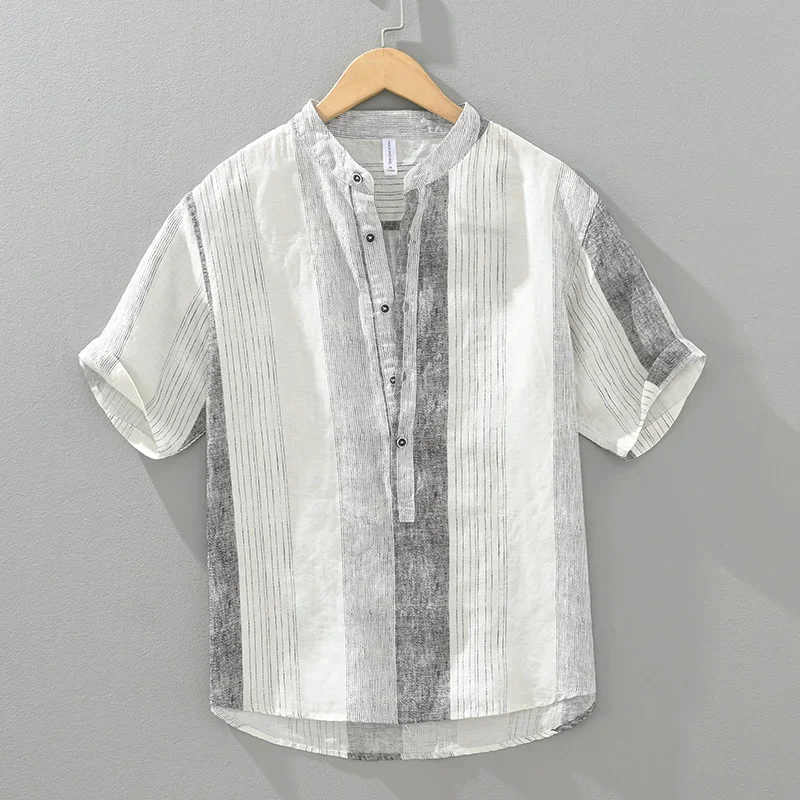 

2024 Summer New 100%Linen Pullover Short Sleeve Shirts for Men Fashion Striped Casual Loose Shirts