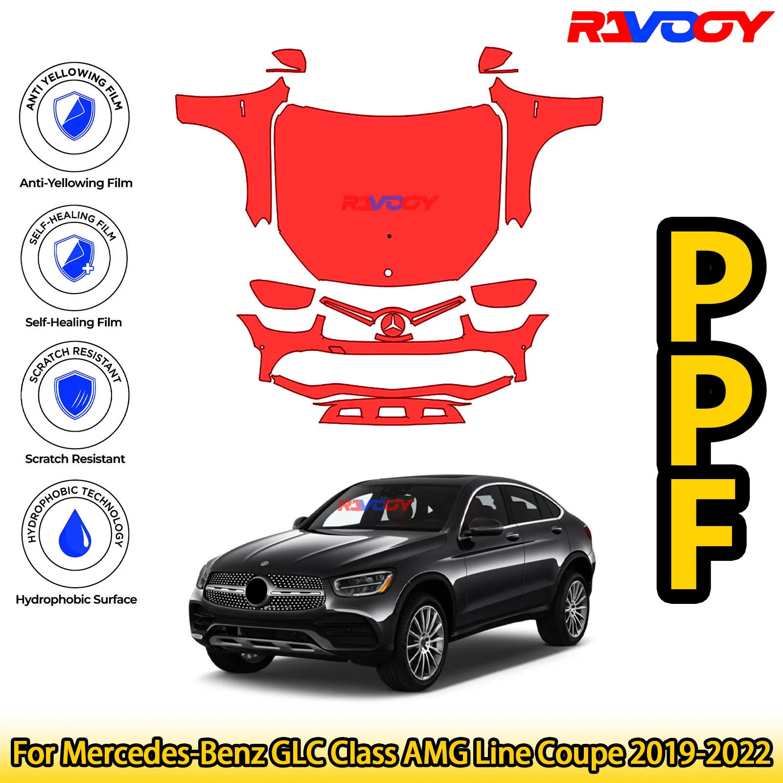 

For Mercedes-Benz GLC CIass AMG Line Coupe 2019-2022 Glossy Matte Black Precut front PPF Kit Paint Protection Film