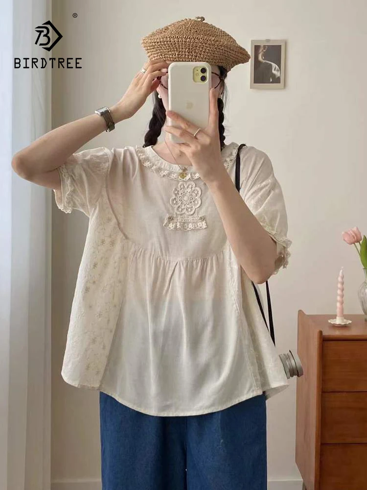 

New 2025 Summer Cotton Short Sleeve Shirt, Women Stand Lace Embroidery, Mori Girl French Retro Sweet Loose Doll Blouse T56983CC