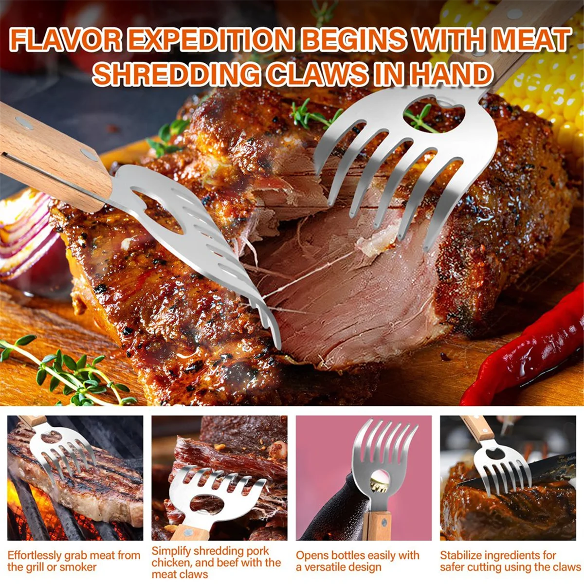 Meat Shredding Claws X2 - Stainless Steel Bear Claws with Long Wood Handles for Effortless BBQ Shredding