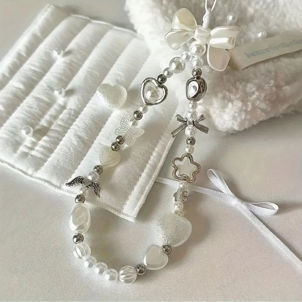 

Beaded Phone Chain Charm Lanyard for iPhone Samsung, Cute Baroque White Bow, Flower Charm, Universal Accessories Jewelry Pendant