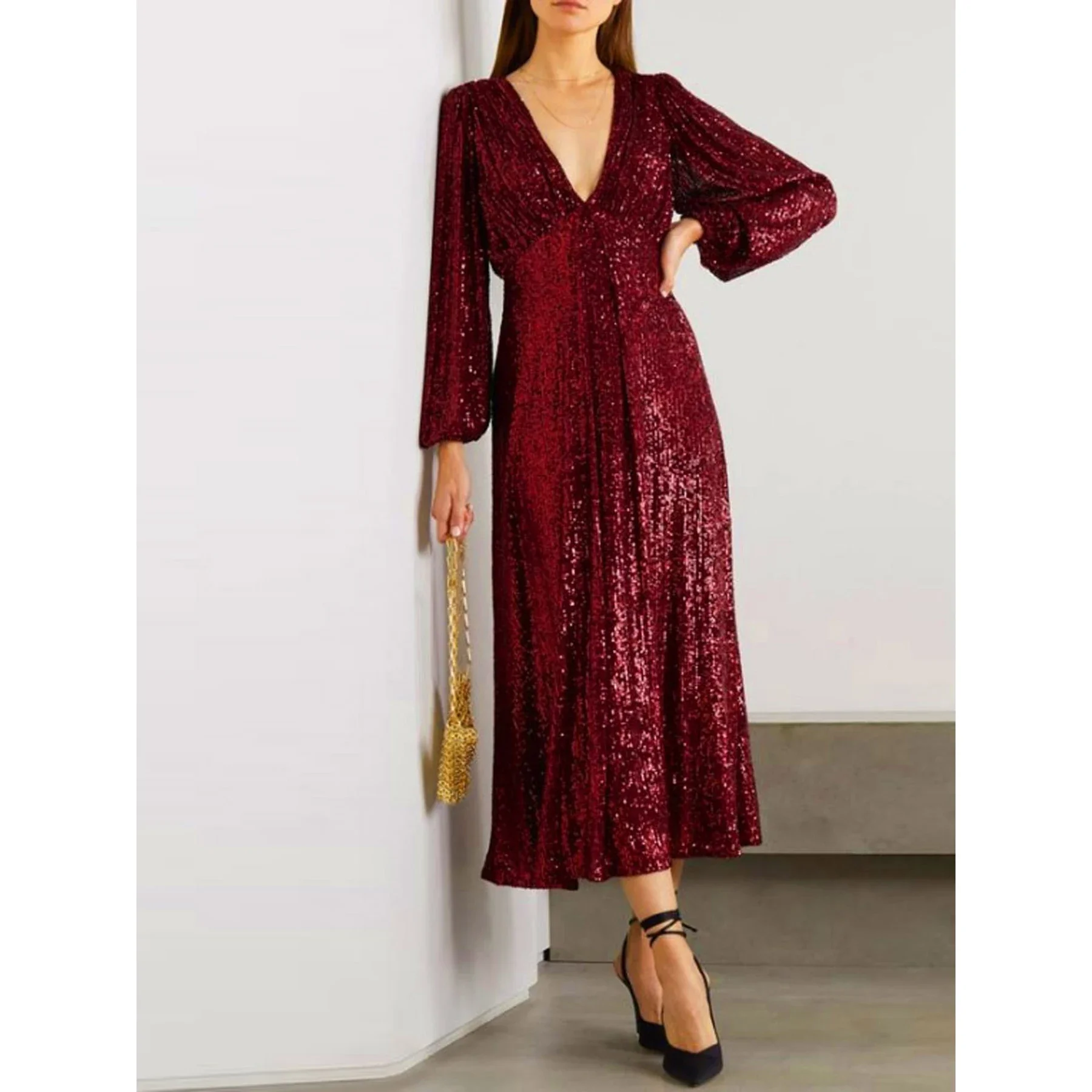 

Luxury Long Sleeve V-Neck Evening Dress 2023 Party Women Wedding Sequins For Female Guests Burgundy Prom Cocktail Dresses