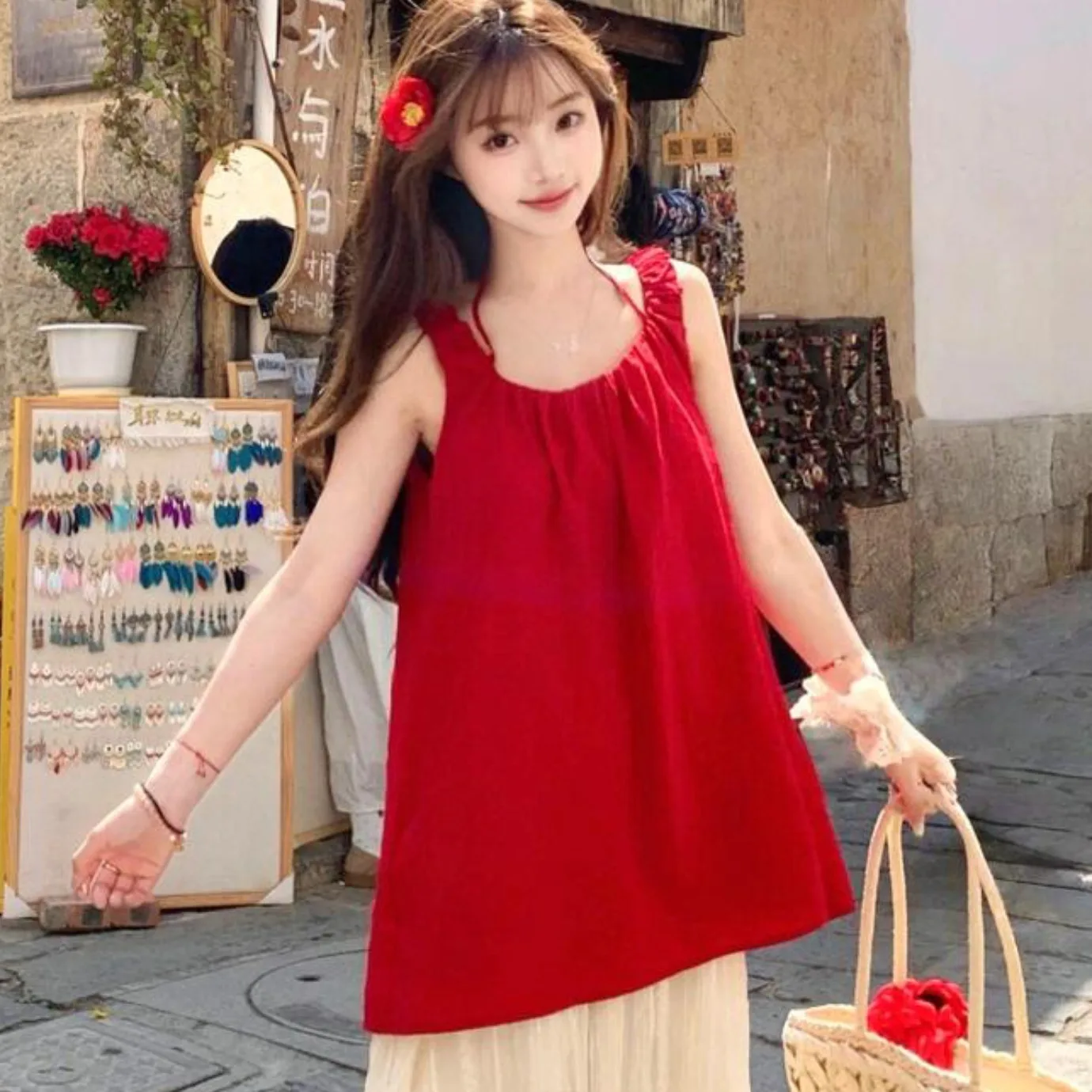 Zomer nieuwe damesvest riem losse super afslankende witte hangende ne pop rok irt top borstverkleining comfortabele pasvorm