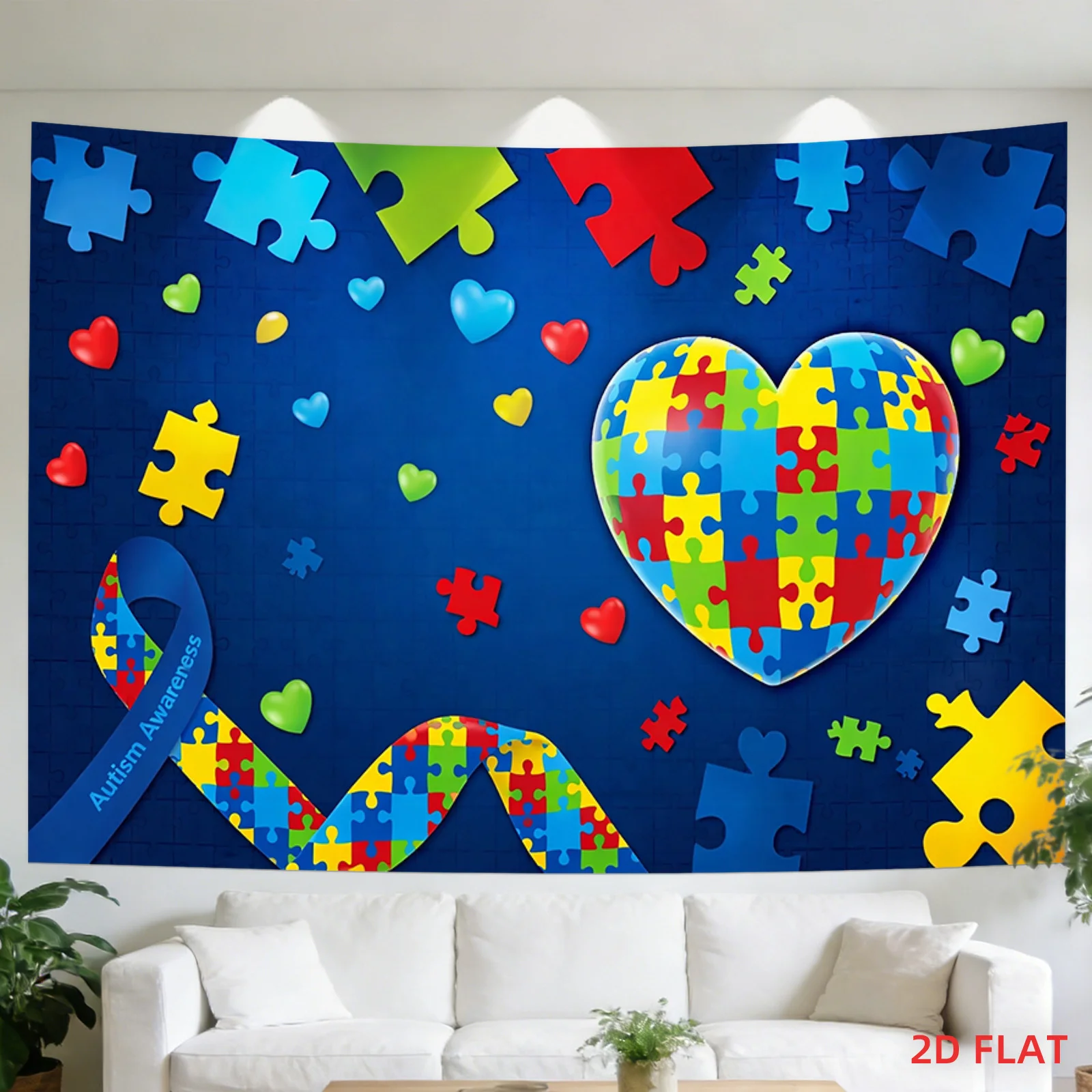 2D Flat,1pc Printed Tapestry, Autism Awareness Puzzle Heart & Ribbon Pattern, Wall Decor, for Living Room,Bedroom
