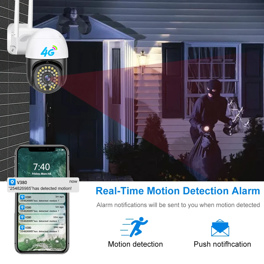 V380 3MP 4G Auto Tracking PTZ Camera 10X Zoom Outdoor 4G Sim Card IP Camera Home Security Two Way Audio Full Color Night Vision