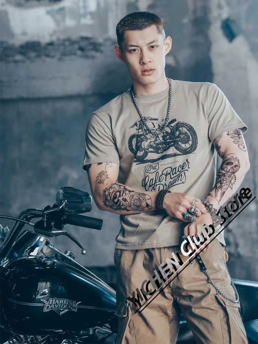 

American Retro Locomotive Tough Guy Tooling Ami Kaji Style Motorcycle European American Heavy Cotton Short-Sleeved T-Shirt Men