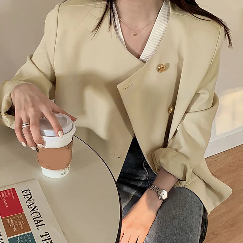 ชุดสูทลำลองทรงหลวม แขนยาว สีเหลืองอ่อน กระดุมเดี่ยว ผ้าเนื้อนุ่ม สไตล์ชิค สำหรับผู้หญิง