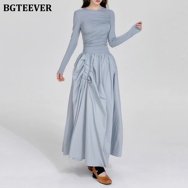 BGTEEVER Stylish O-neck Long Sleeve Female A-line Dress Autumn Fashion Slim Waist Pockets Women Mid-Length Dress