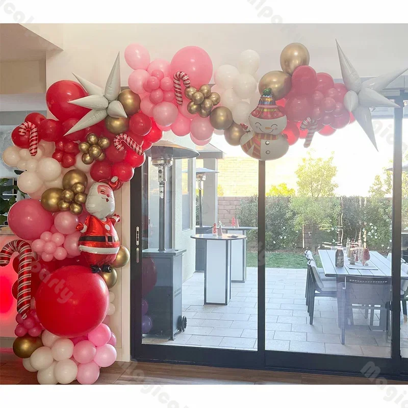 

168pcs Red Christmas Decorations White and Chrome Gold Latex Balloon Arch Set with Santa Claus and Snowman Foil Balloons