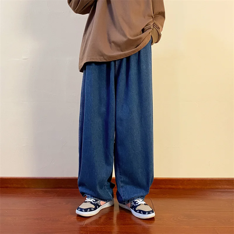 

Trendy Oversize Wide Leg Men's Jeans Casual Draped Loose Long Floor-Length Hong Kong Sle Street Faion Blue Denim Pants