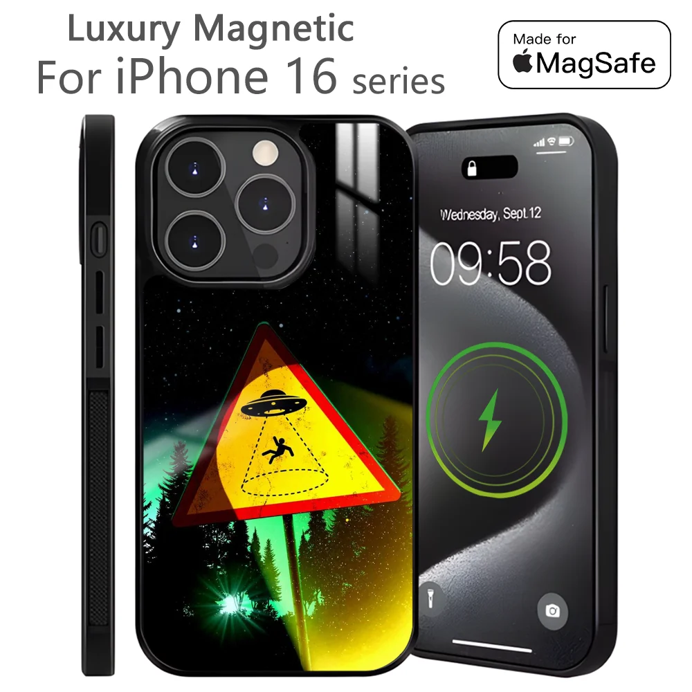 Alien simple black cool Phone Case For iPhone 16 15 14 13 12 11 Pro Max Plus Mini Magnetic Magsafe Wireless Charging Cover