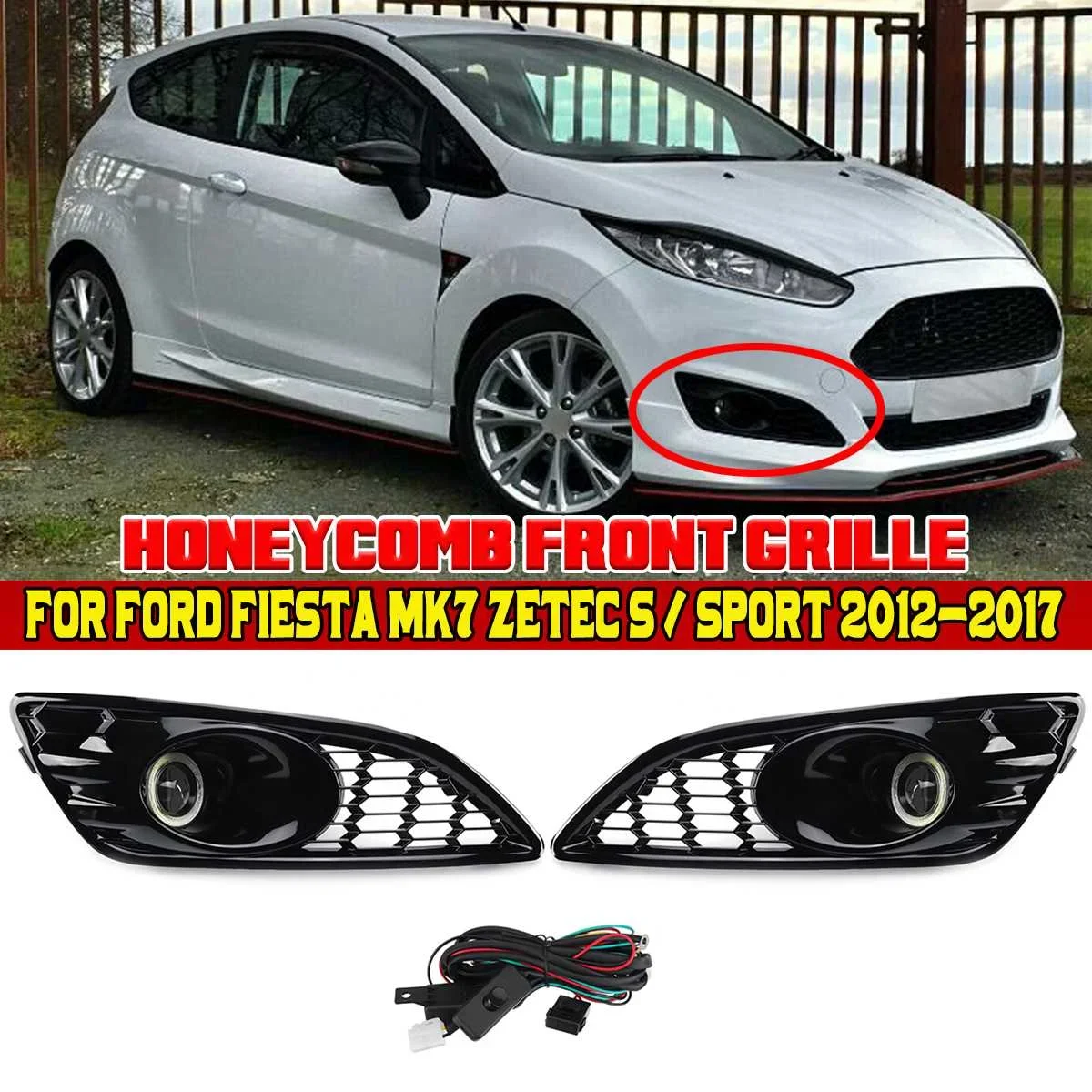 Honeycomb Car Front Bumper Fog Light Grille Grill For Ford Fiesta MK7 Zetec S Sport 2012-2017 Fog Lamp Grill with Wiring Harness