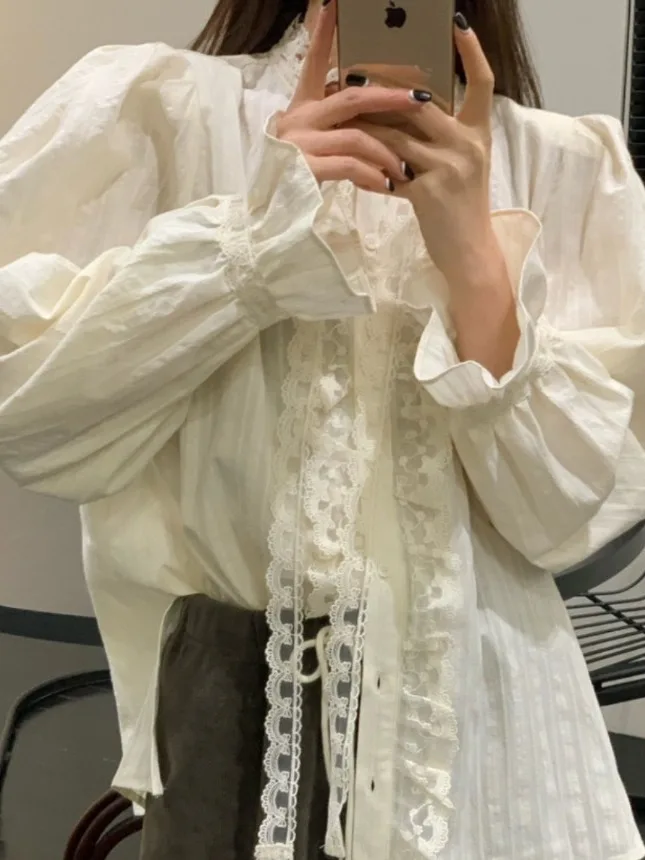 Chic Spring Sweet Anti-Aging Stand Collar ature Button Splice Wood ain  Lace Sa Long Sve Women's irt