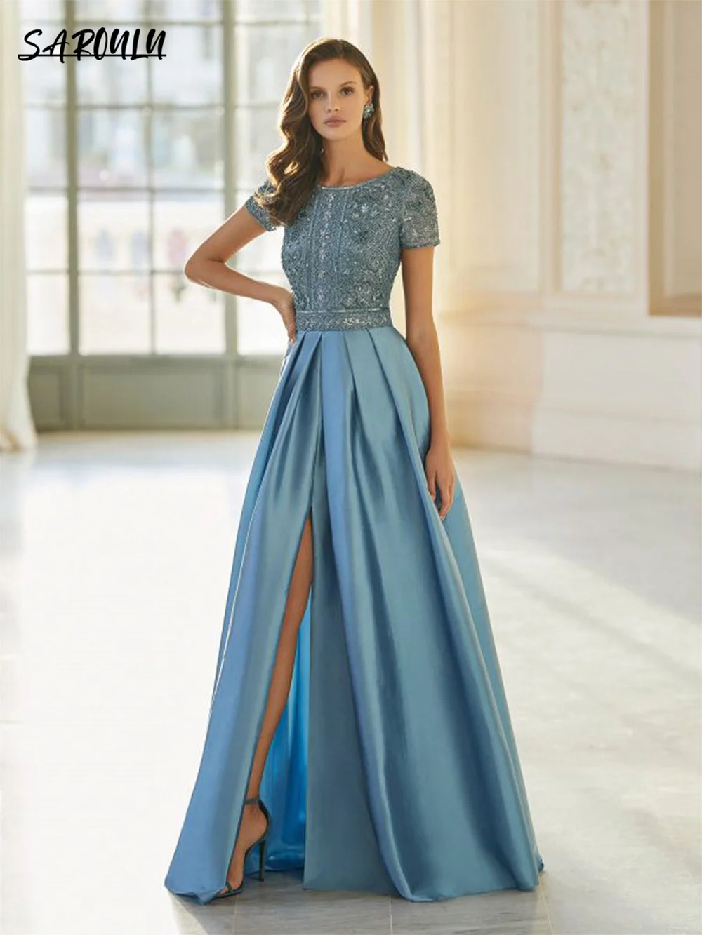 Vestido de noite boêmio Lace Appliques, Vestido O-pescoço, Elegante vestido de coquetel, Vestido romântico