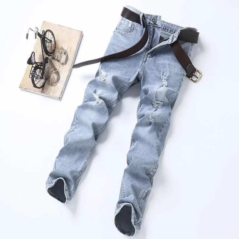 Men's Luxury Brand Jeans with Distressed Holes Fashionable Skinny Denim Pants for Casual Wear Stretch Blue Cowboy Pants Trousers