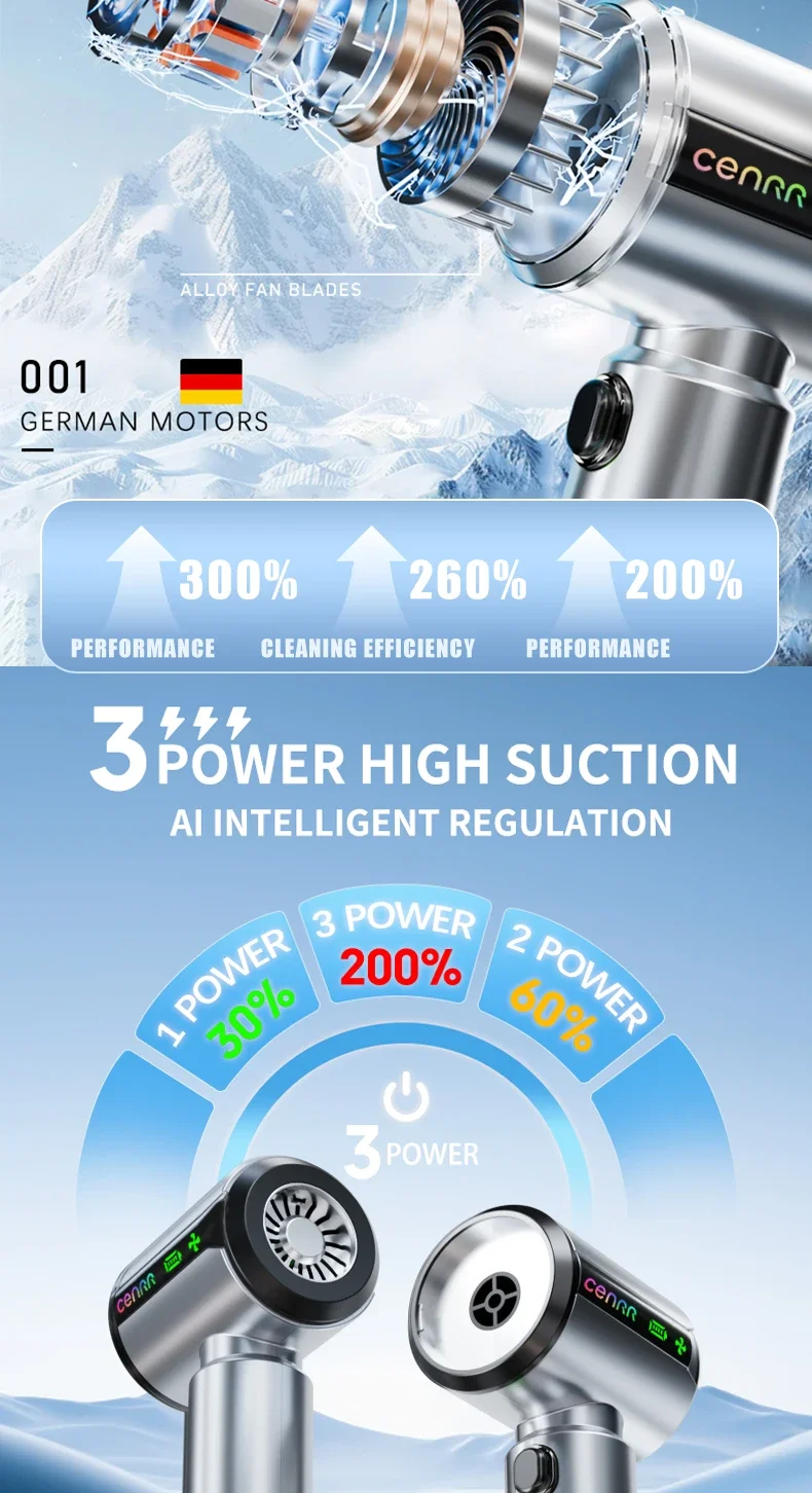 CENRR New Car Vacuum Cleaner Wireless Mini Powerful Portable HandHeld Car Cleaner LED Power Display Gift Lamp Air Gun 7500mAh