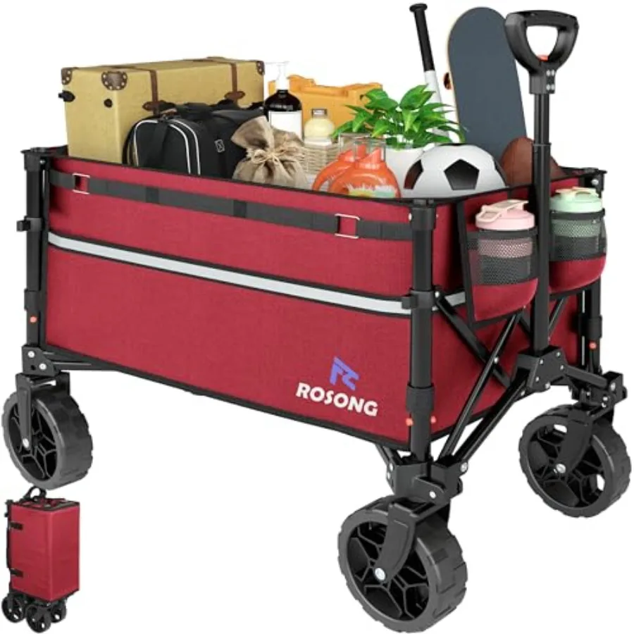 

Foldable Heavy Duty Collapsible Wagon Cart with Wheels for Grocery Sports Garden Shopping Camping Burgundy