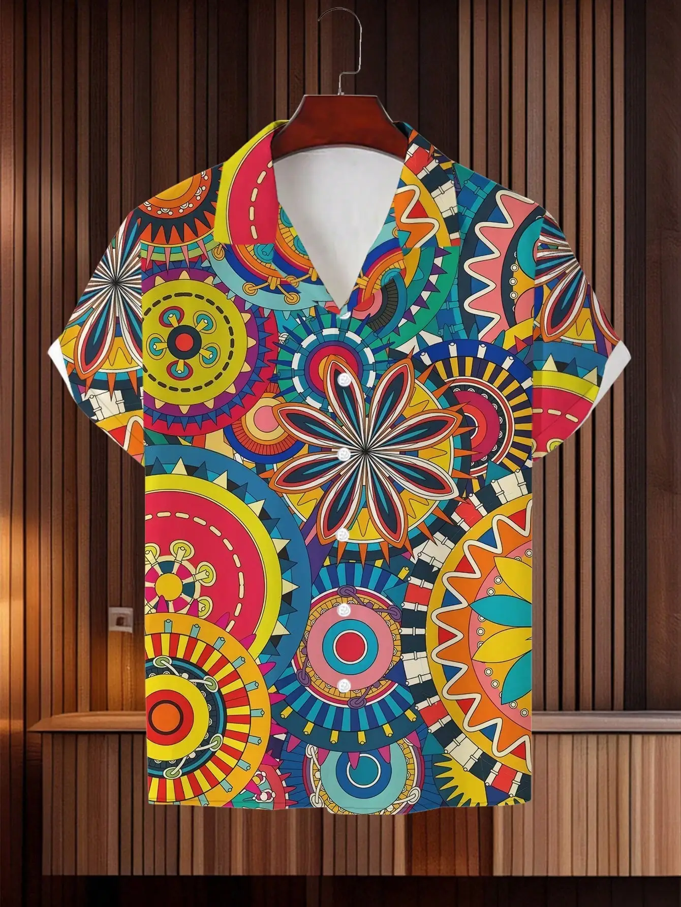 

Vibrant Geometric Print Short Sleeve Collar Shirt - Breathable Polyester, Casual Wear
