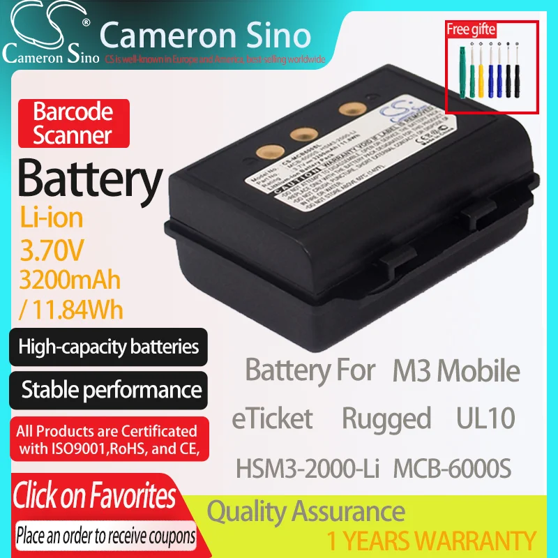 CameronSino Battery for M3 Mobile eTicket Rugged UL10 fits M3 Mobile HSM3-2000-Li MCB-6000S Barcode Scanner battery 3200mAh