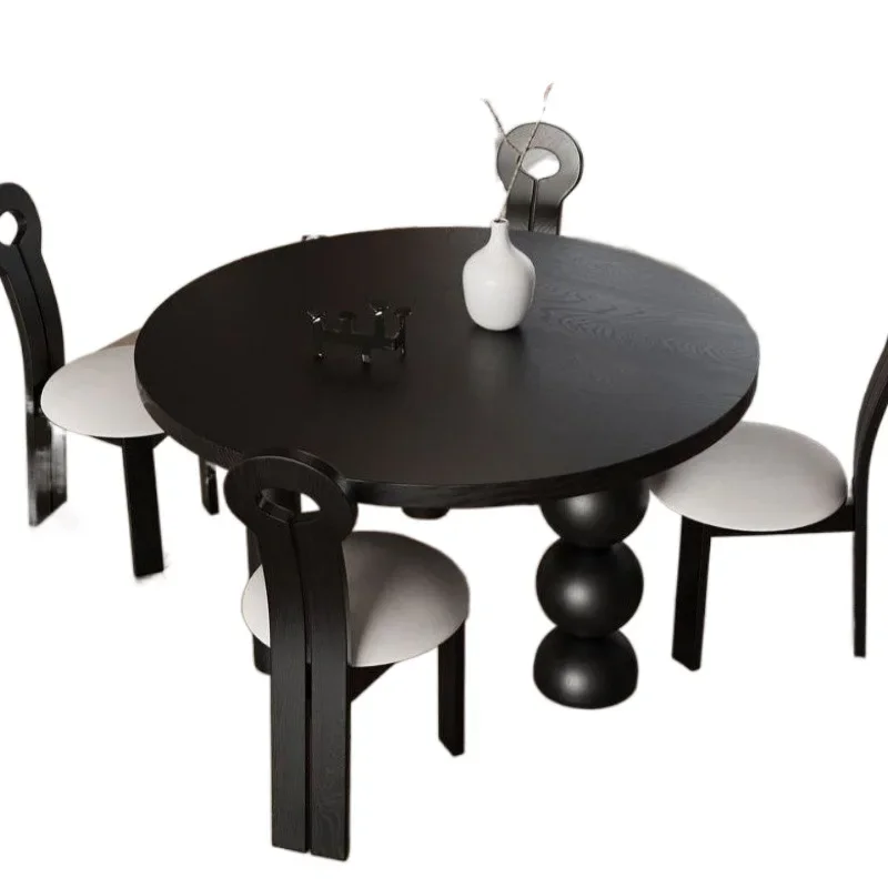 

Creative designer, antique black solid wood dining table, round table for home use, French style without leather