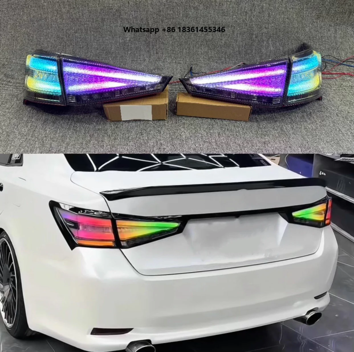 

Комплект из 4 RGB светодиодных модифицированных задних фонарей для Toyota Crown 14-го поколения (2015-2018), черные, с функциями стоп-сигнала, заднего хода и указателей поворота
