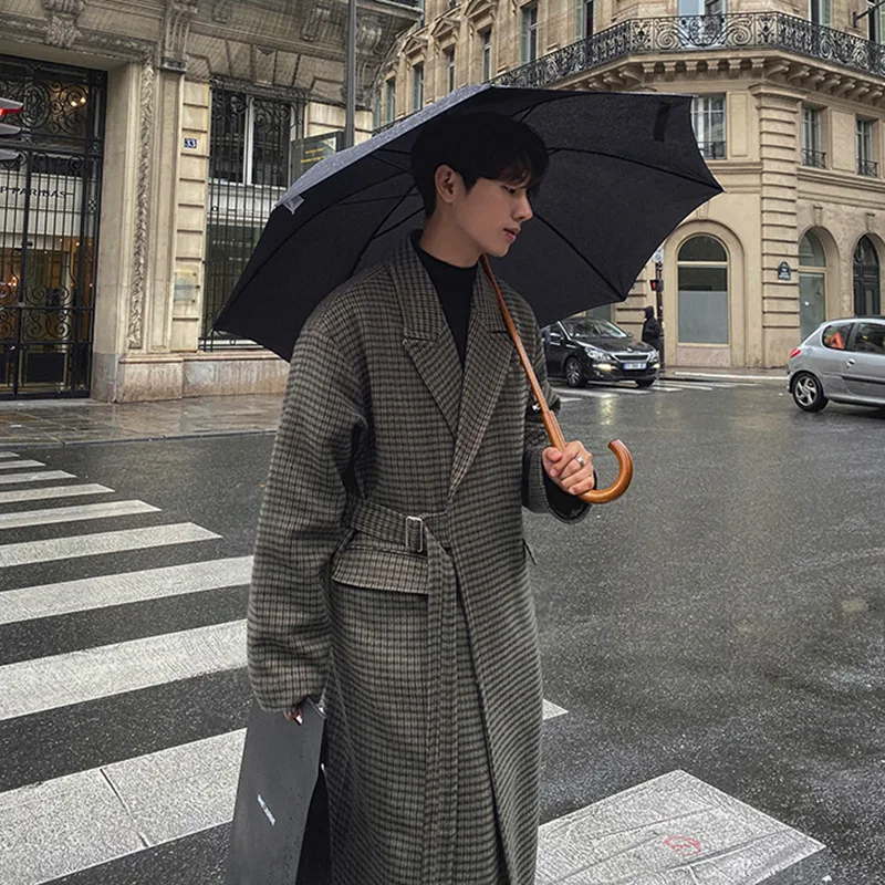 Mens Long Lattice Woolen Coat Korean Loose Fashion Harajuku Streetwear Windbreaker Male Casual Solid Color Lapel Overcoat Autumn