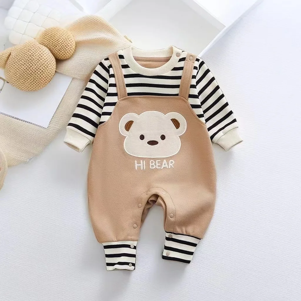 Spring Autumn Baby Boys Rompers Cartoon Bear Print Long Sleeve Newborn Jumpsuit Girls Cotton Stripes Kids Outfit Clothes 0-18M