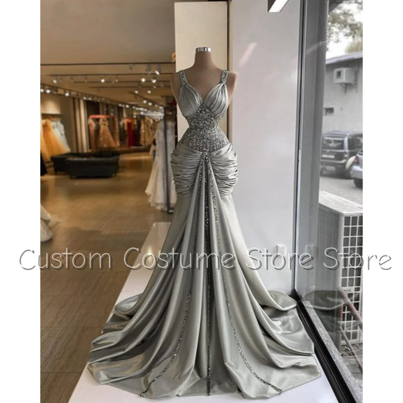 

Серебряный элегантный рыбий хвост 2026, популярные платья знаменитостей, бретельки, расшитые бисером и блестками, плиссированные, со шлейфом, длиной до пола, по индивидуальному заказу