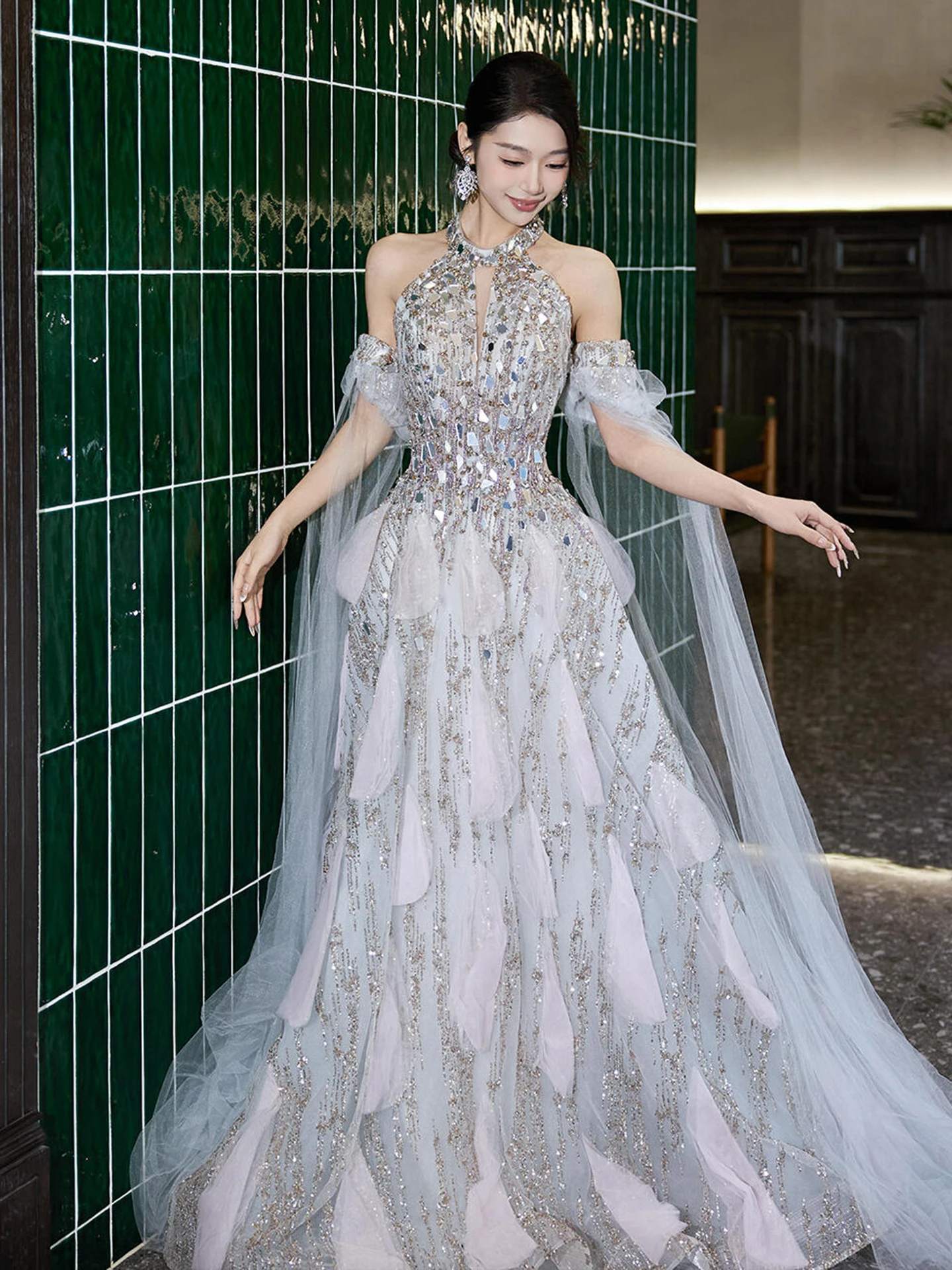 

Ужин для помолвки невесты, блестящее платье с пайетками, висящая юбка принцессы из нейлона с тяжелой вышивкой, корейская свадьба...