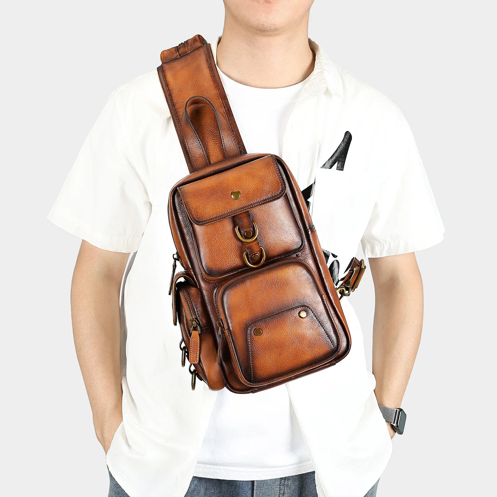 Handmade Vintage Men's Chest Bag with Genuine Leather and Cowhide