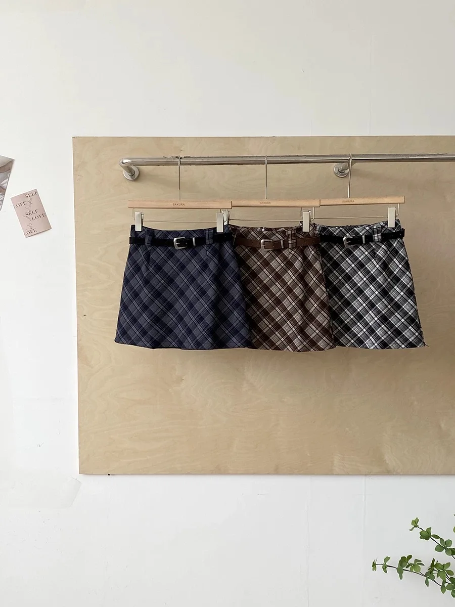 

Женская осенне-зимняя короткая юбка из шерсти и смеси шерсти с высокой талией, женская уличная мини-юбка в клетку трапециевидной формы