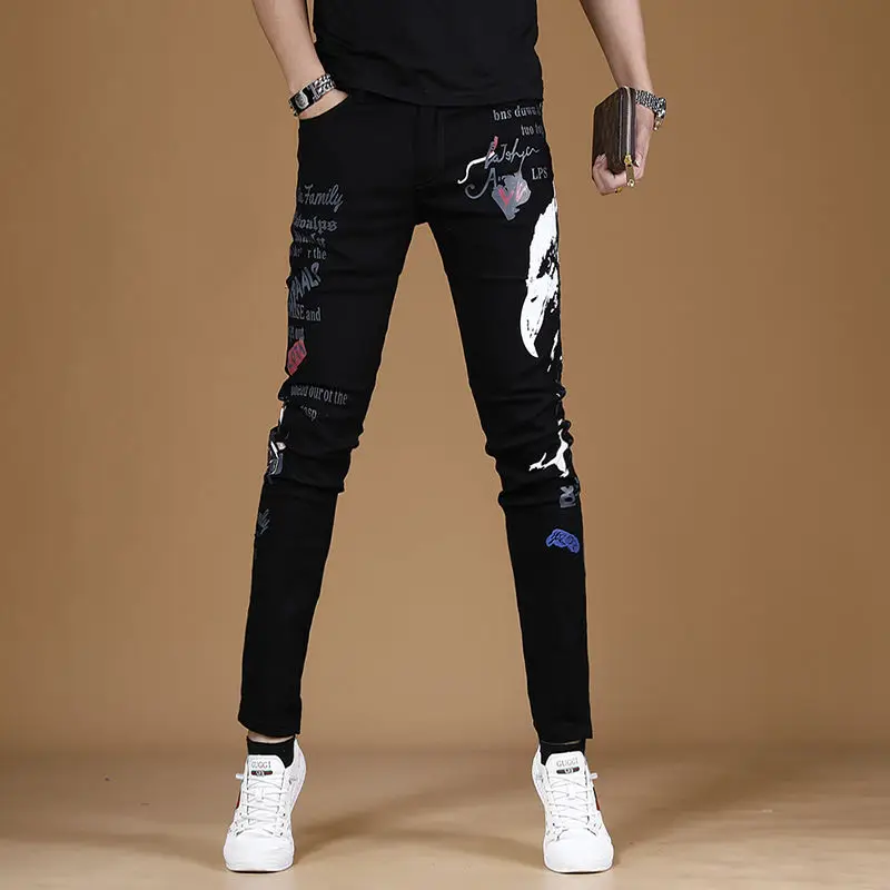 Light Luxury Men’s Street Fashion Print Jeans,Slim-fit Korea Version Stretch Black Denim Pants,Trendy Casual Jeans Pants;