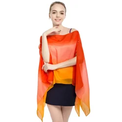 2024 Summer Style New Chiffon Women Pullover Cape Print Gradient Rainbow Sunscreen Cape Lady Poncho Capes Orange Imitation Silk