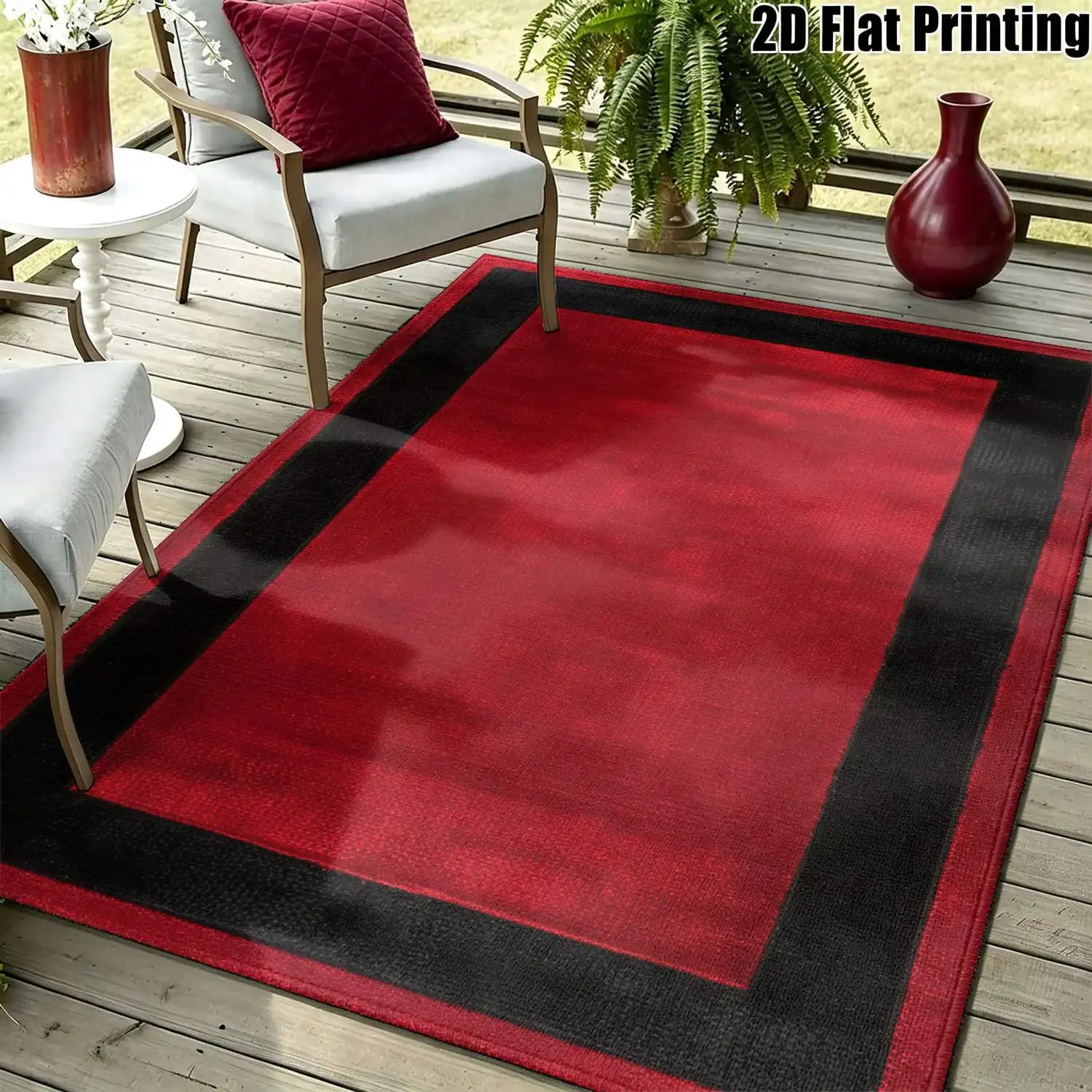 1Pc 2D Printed Carpet: Red Black Geometric Border, Nordic Modern Minimalist Style, Machine Washable, Multi-Size, Home Decor Mat for Entrance, Dining, Bedroom, Living Room
