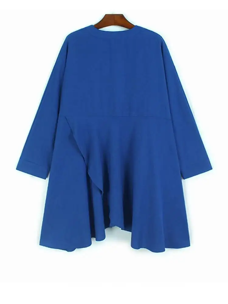 المرأة الأزرق غير النظامية هيم حجم كبير بلوزة غير رسمية جديدة الخامس الرقبة طويلة الأكمام قميص موضة المد ربيع الخريف #2