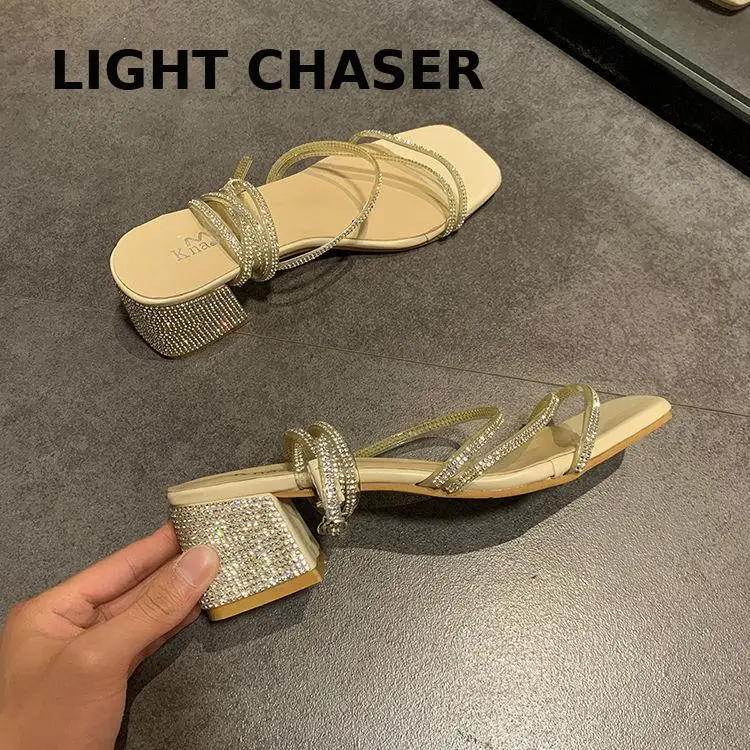 2022 Hot Sale Cross Tied Sandals Women Summer Beach Sandals Simple Ladies Square Toe High Heels Rhinestone Low Heel Dress Shoes