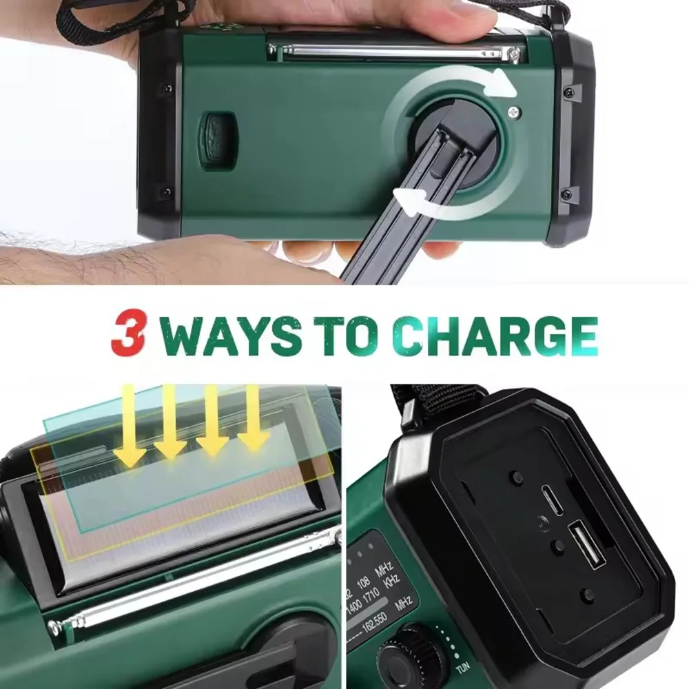 10000mAh Solar-Notfall-Wetterradio AM/FM/NOAA Tragbares Kurbelbetriebenes Notfallradio mit LED-Taschenlampe SOS-Alarm Powerbank für Outdoor-Aktivitäten – Detail 9