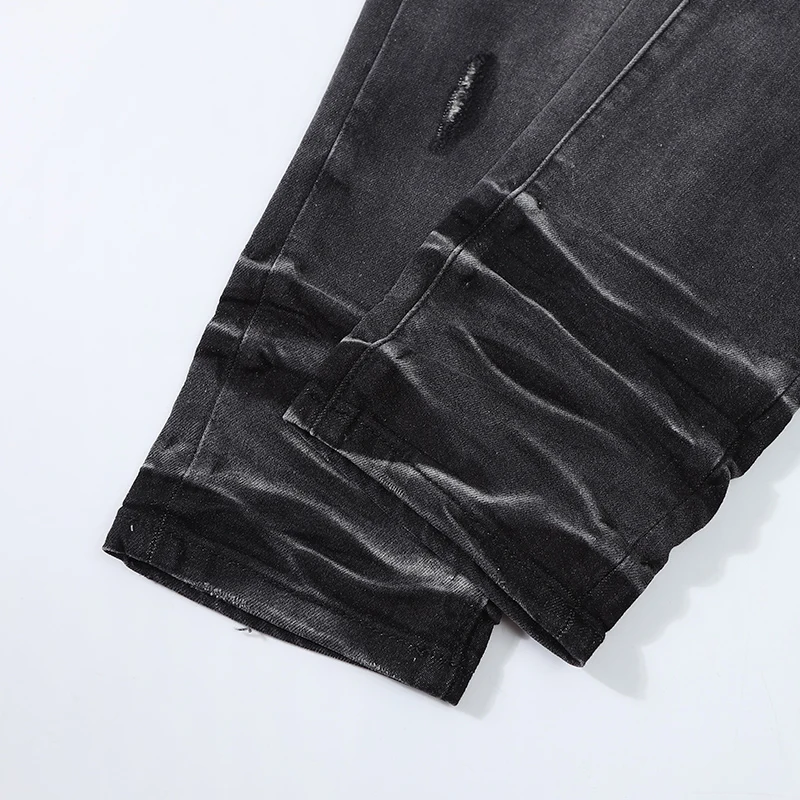 High Street Designer Fashion Men Jeans Retro Black Gray Stretch Slim Fit Patched Ripped Jeans Men Y2K Hip Hop Brand Denim Pants