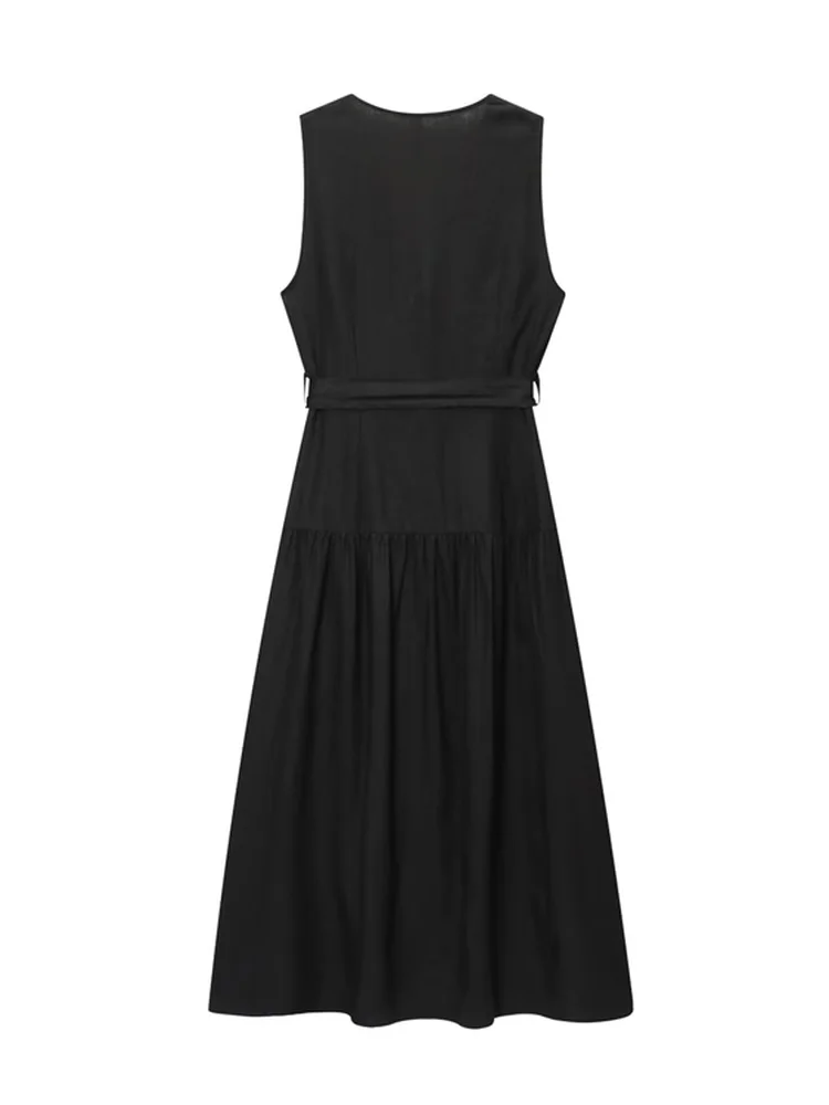 

New 2025 Summer Women's Faionable Versatile Midi Dr V-Ne Svel Belted Mixed Linen Dr Ele High Waist Gown