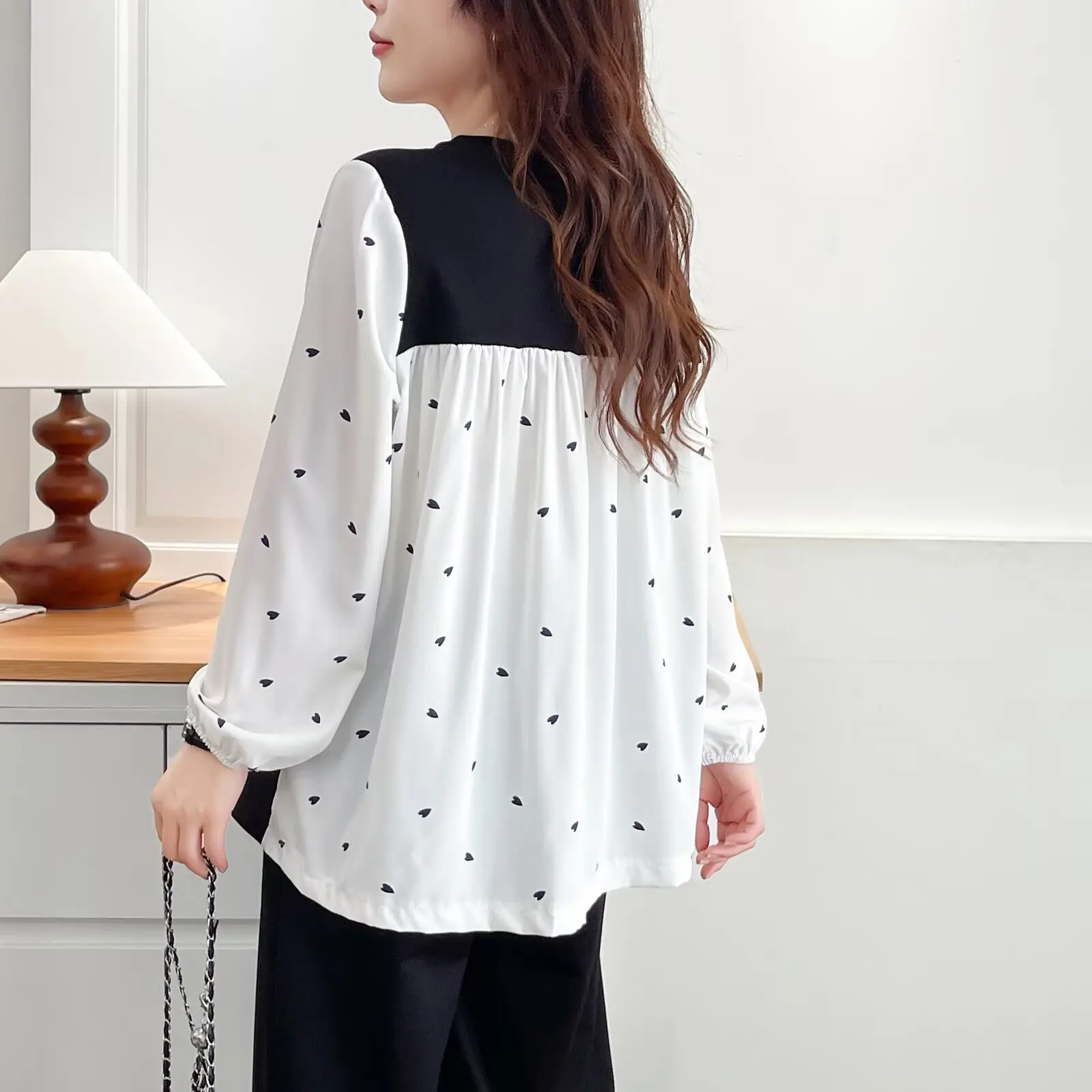 패션 플러스 사이즈 여성 블라우스 가을 신상 쉬폰 패치워크 긴팔 탑 스타일리시 페이크 투피스 2521