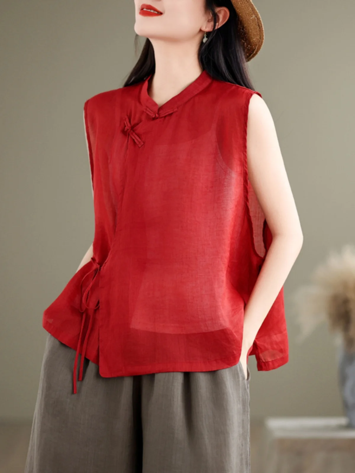 

Летний тонкий топ в китайском стиле с воротником-стойкой, поясом и пуговицами, повседневная одежда для женщин, художественный дизайн.