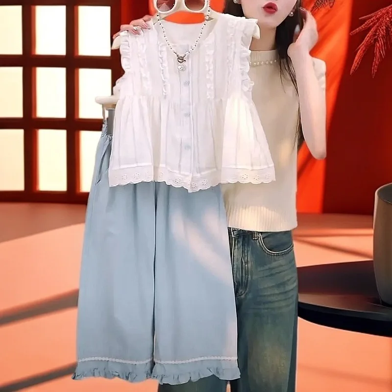 

2025Girls' Summer New Western Style Sleeveless Lace Shirt Wide Leg Pants Two-Piece Set